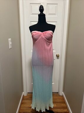 SHEIN Strapless Pleated Ombre Maxi Dress in Pink and Mint